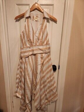 Maeve For Anthropologie Dress Tan Striped Asymmetrical Size 6 Halter Top